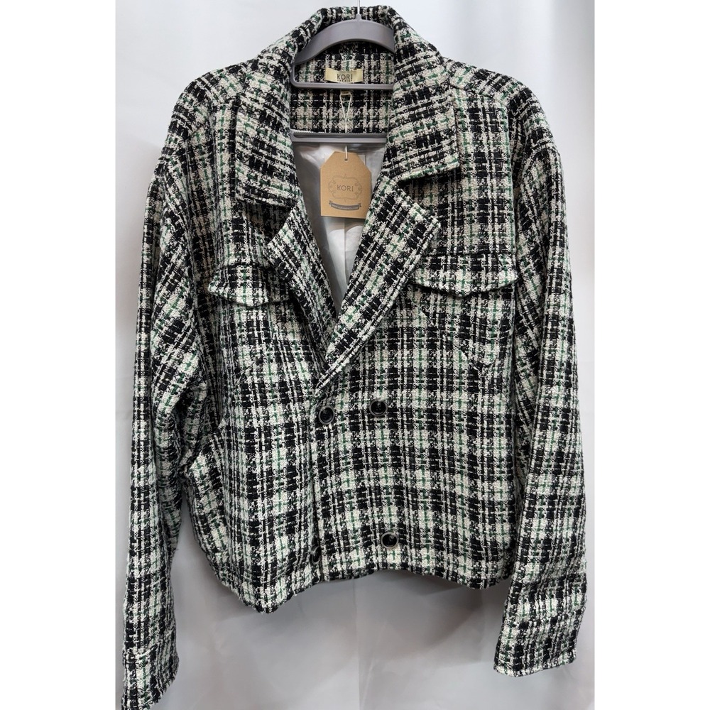 NWT Tweed Blazer Kori America Plus Sz 1XL Crop Black‎ Green Ivory Gold